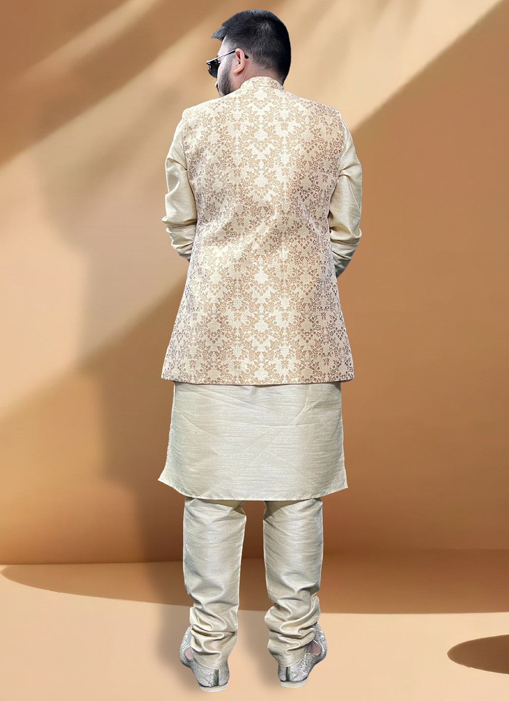 Fancy Work Jacquard, Silk Gold Kurta Payjama With Jacket - M5421