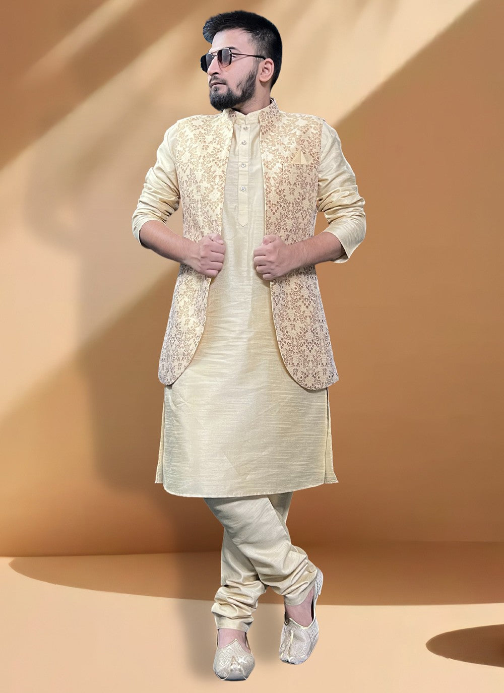 Fancy Work Jacquard, Silk Gold Kurta Payjama With Jacket - M5421