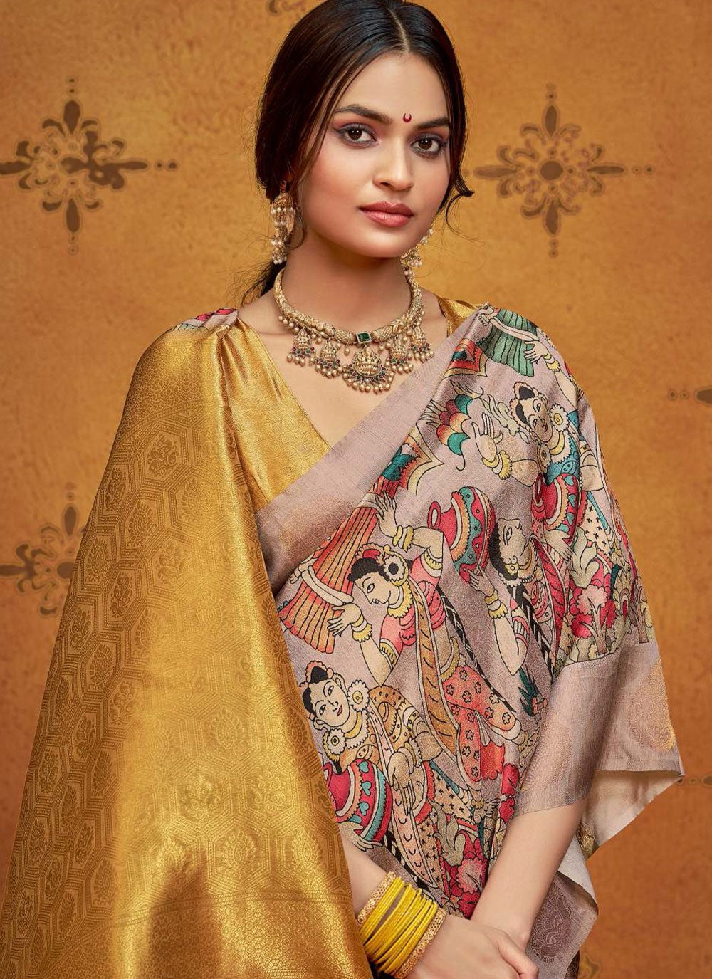 Gold Silk Trendy Saree Printed, Weaving Zari S18659