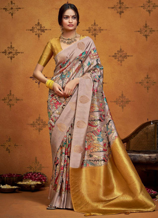Gold Silk Trendy Saree Printed, Weaving Zari S18659