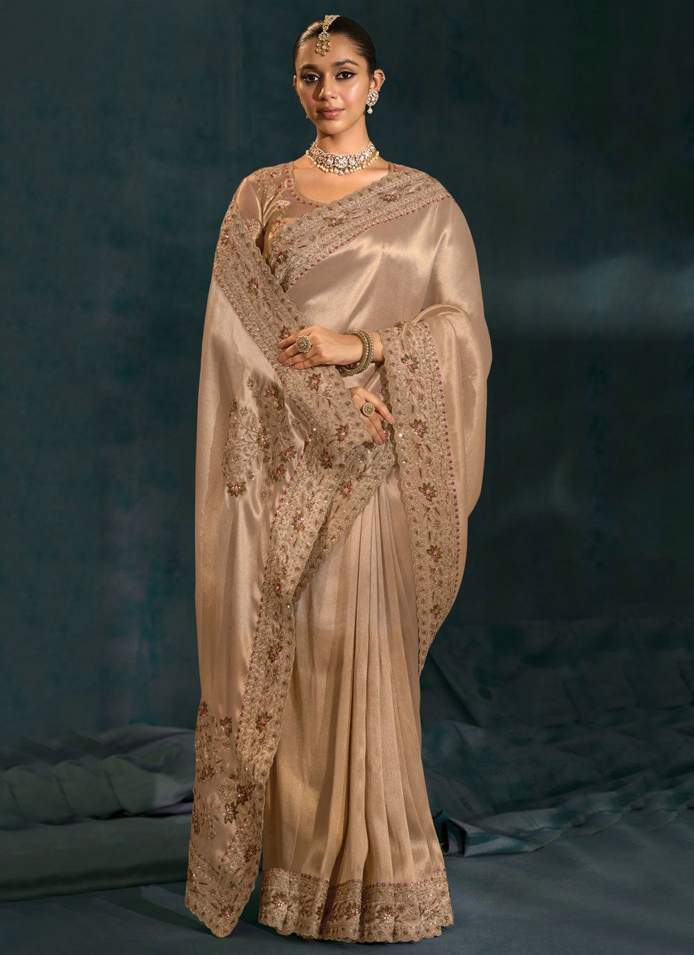 Gold Silk Trendy Saree Cutdana, Embroidered, Mirror, Moti, Zardosi S19712
