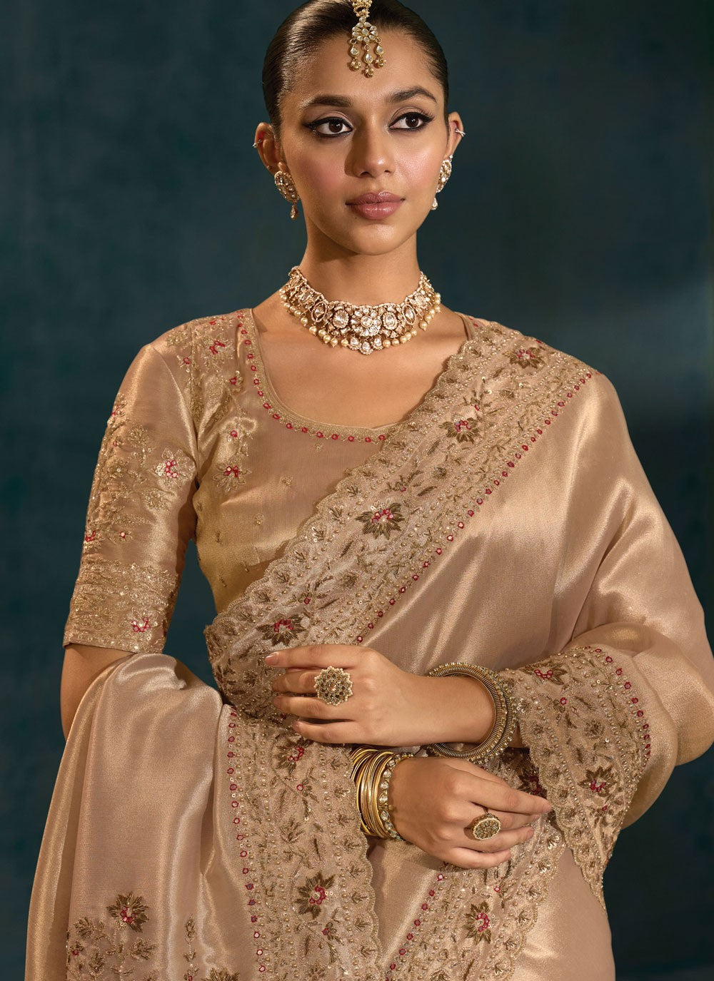 Gold Silk Trendy Saree Cutdana, Embroidered, Mirror, Moti, Zardosi S19712