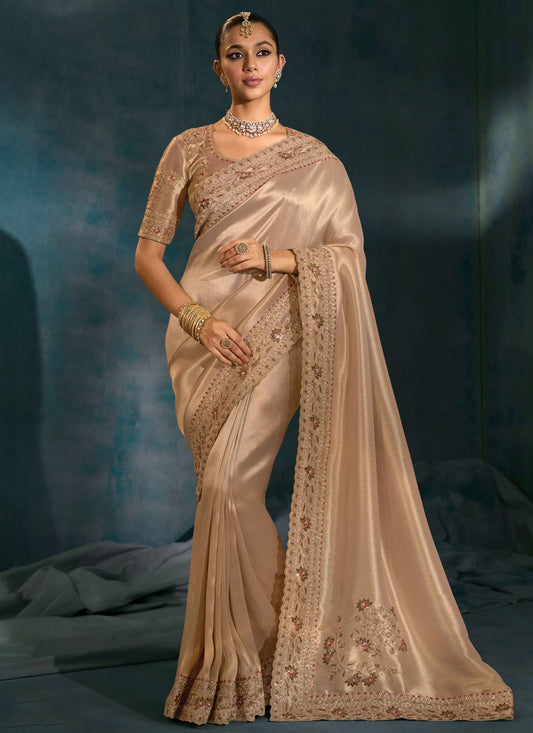 Gold Silk Trendy Saree Cutdana, Embroidered, Mirror, Moti, Zardosi S19712
