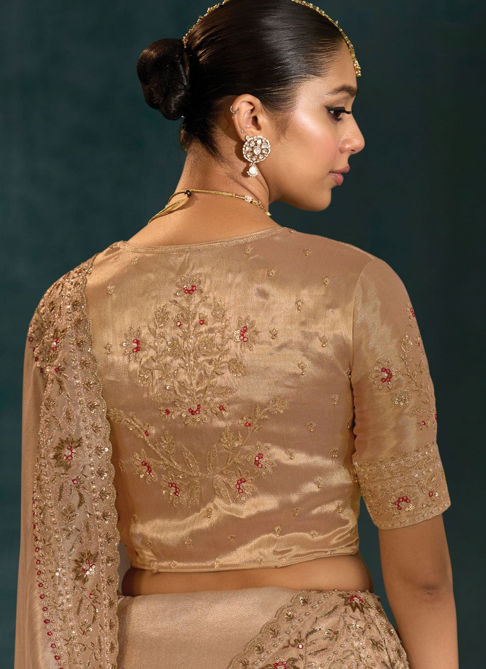 Gold Silk Trendy Saree Cutdana, Embroidered, Mirror, Moti, Zardosi S19712