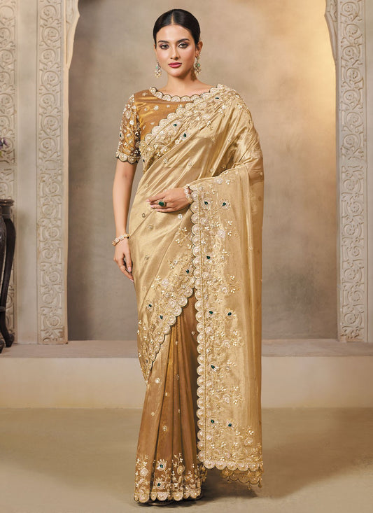 Gold Silk Contemporary Saree Embroidered, Zardosi S20455