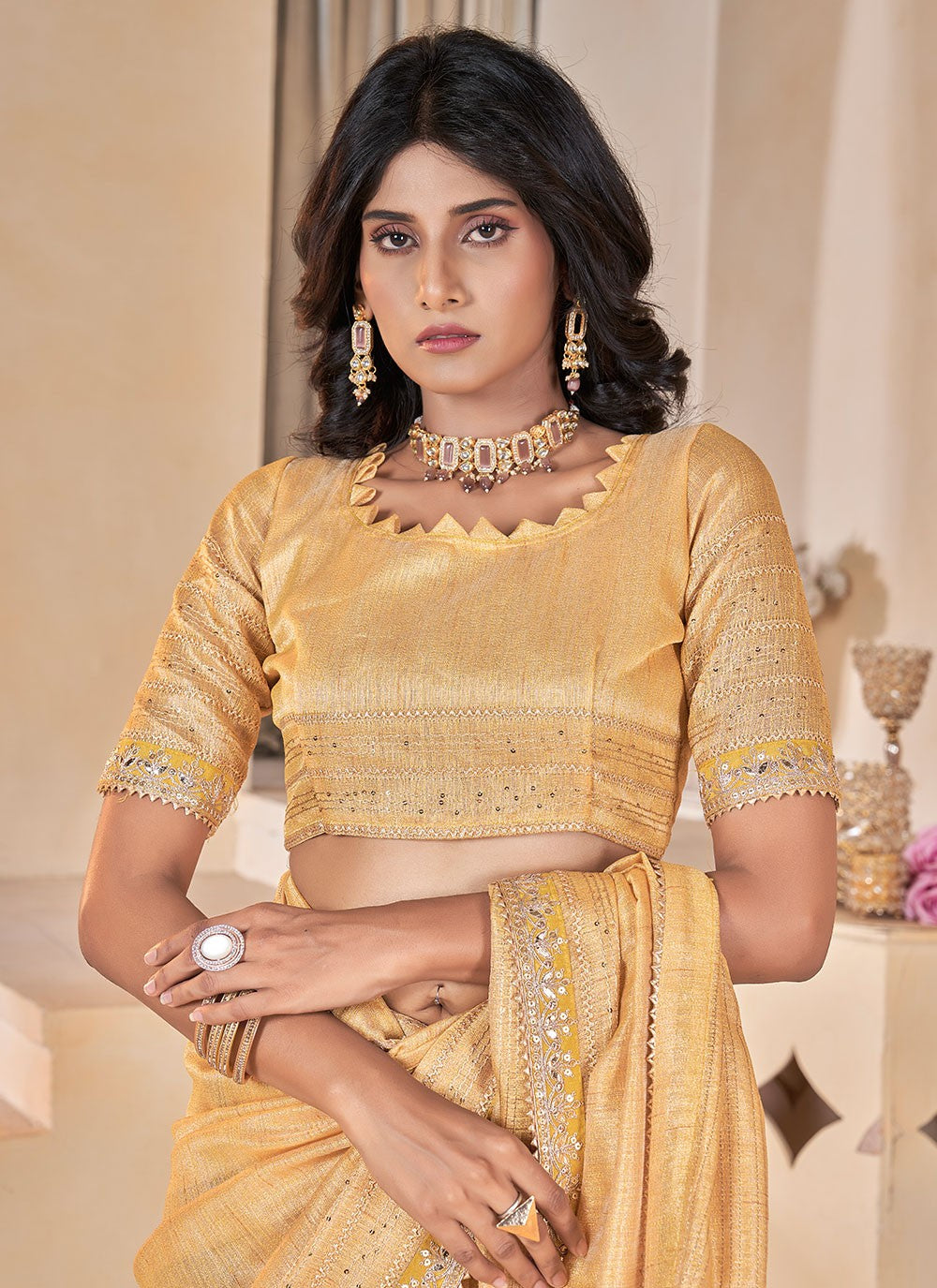 Classic Gota Patti Linen Saree - S6981