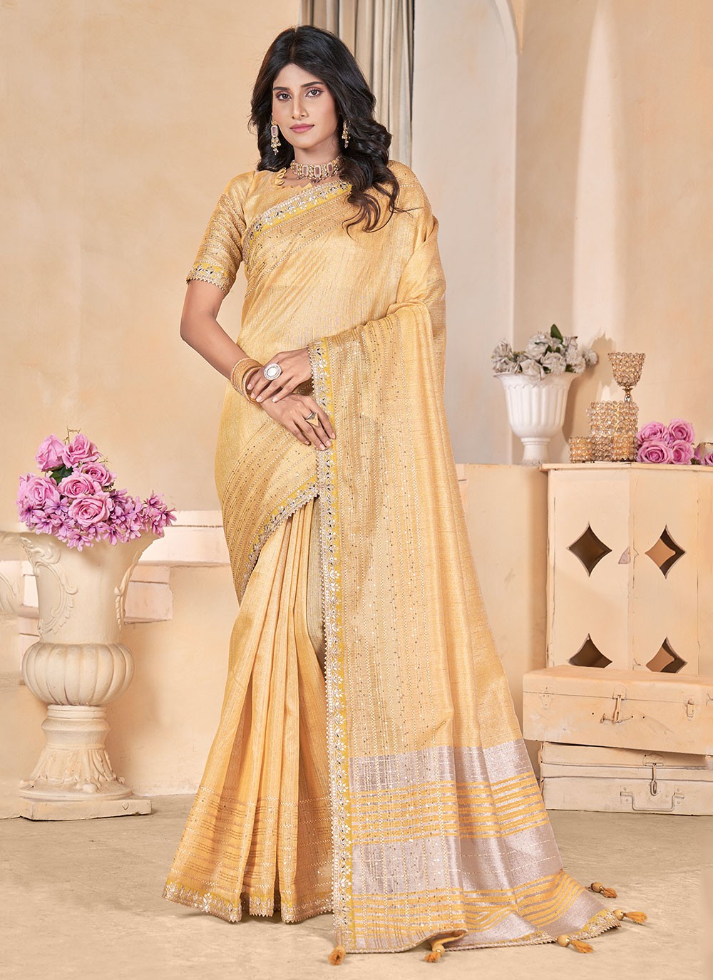 Classic Gota Patti Linen Saree - S6981