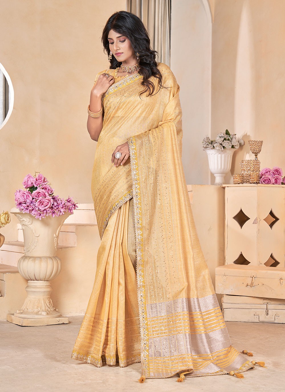 Classic Gota Patti Linen Saree - S6981