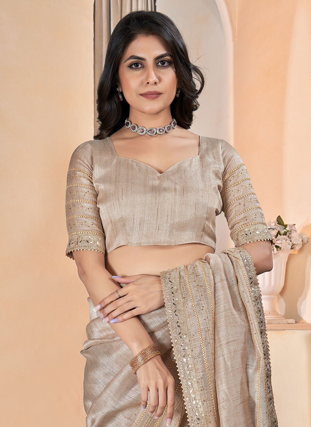 Classic Gota Patti Linen Saree - S6981
