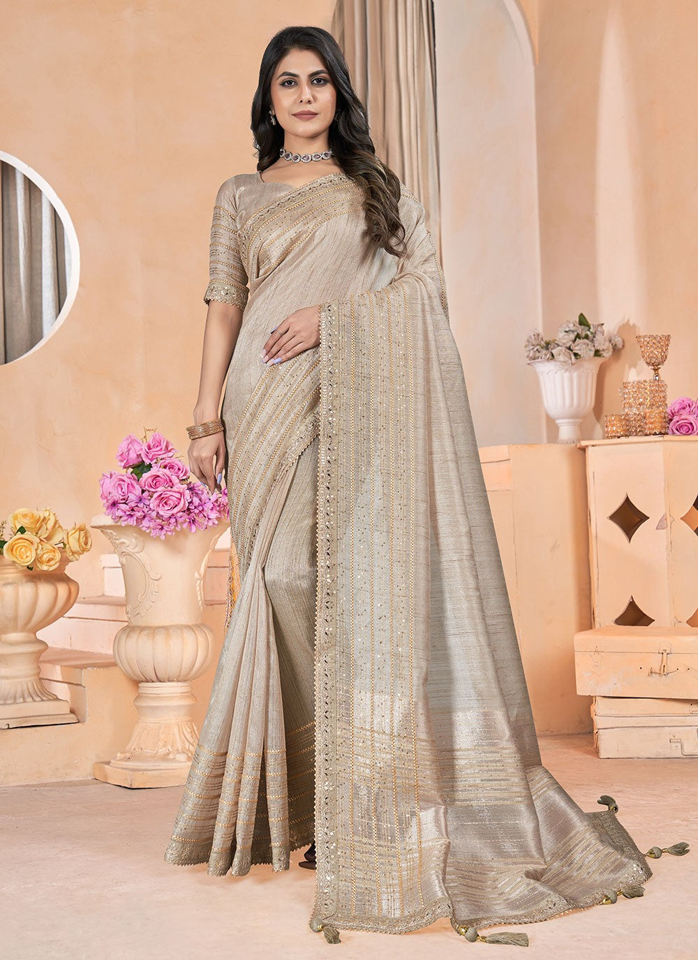 Classic Gota Patti Linen Saree - S6981
