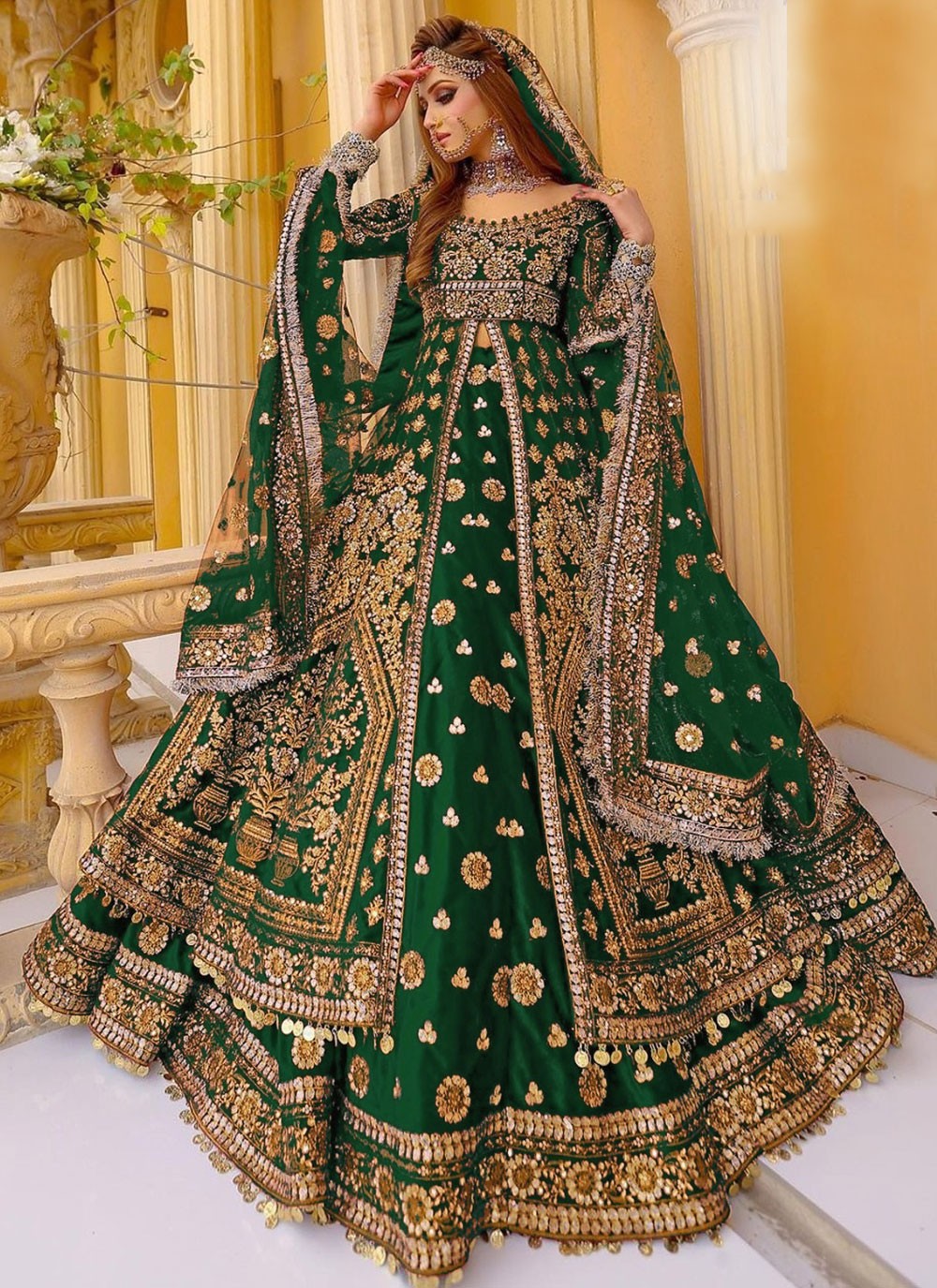 Embroidered Velvet Green A - Line Lehenga  L3758