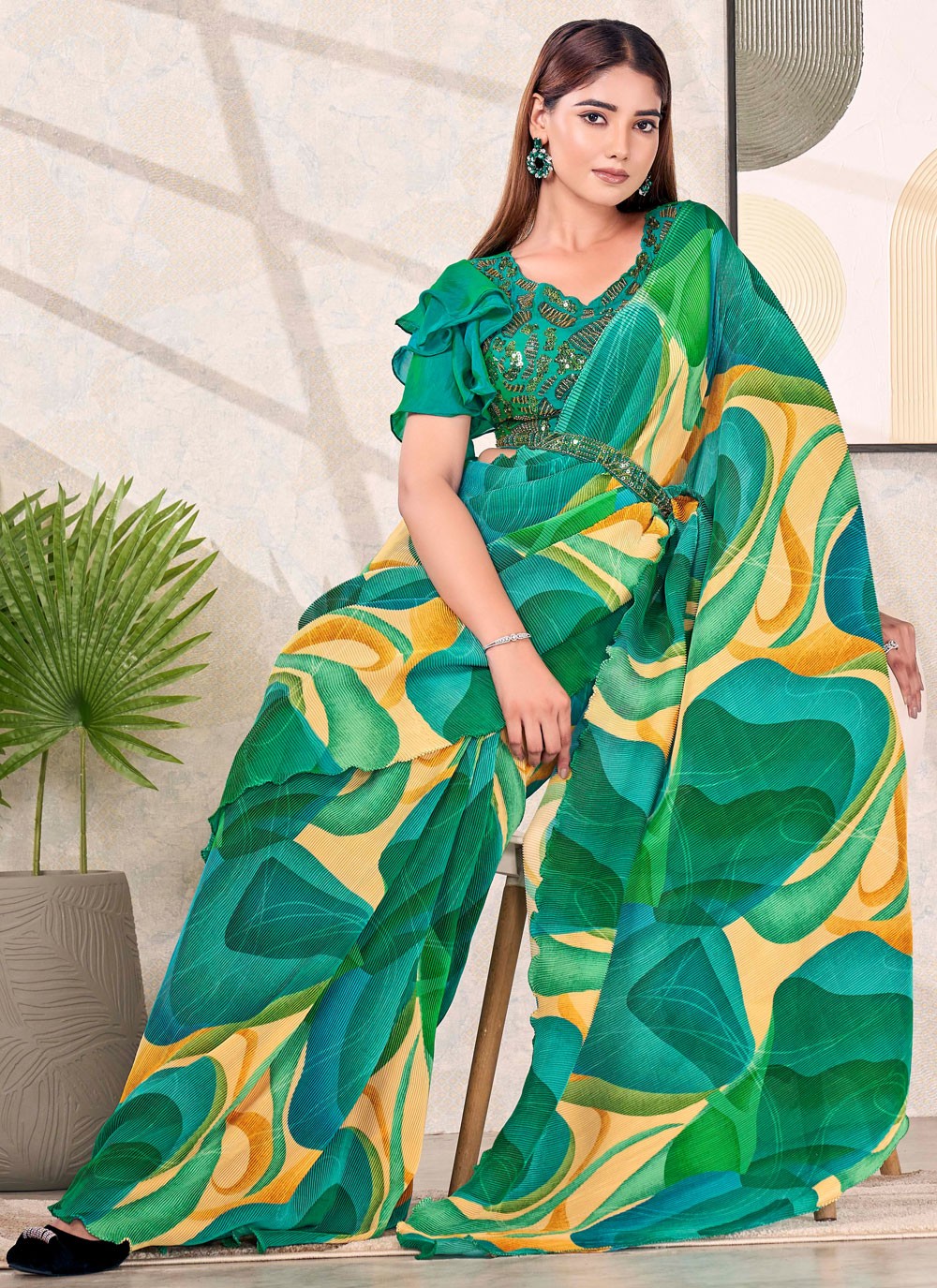 Green Satin Silk Designer Saree Abstract Print S19175