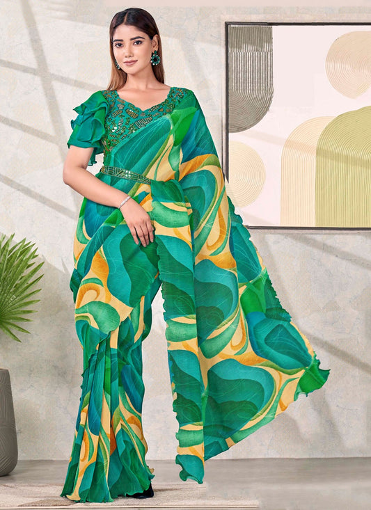Green Satin Silk Designer Saree Abstract Print S19175