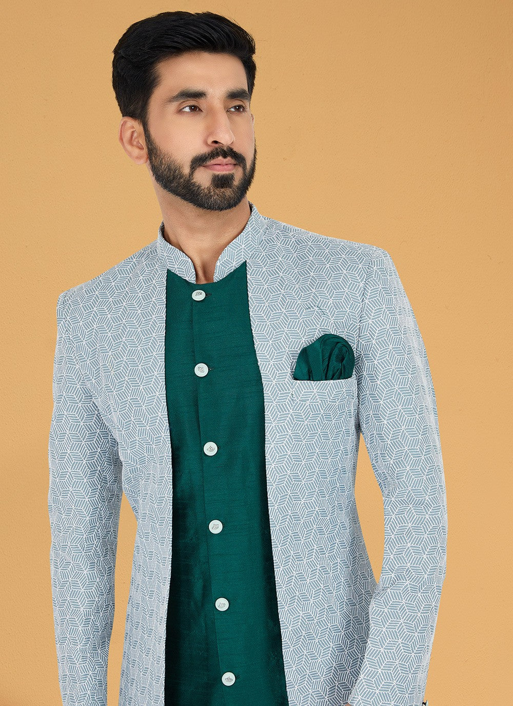 Embroidered Banarasi Silk, Silk Green, Grey Indo Western - M5004