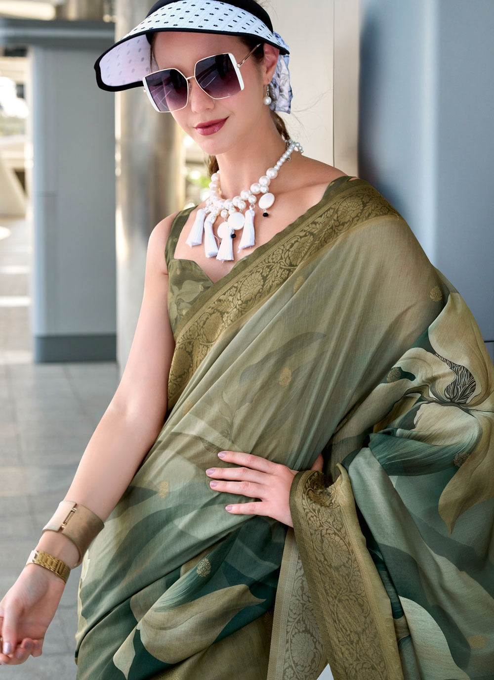 Contemporary Jacquard Work Green, Grey Handloom Silk S12666