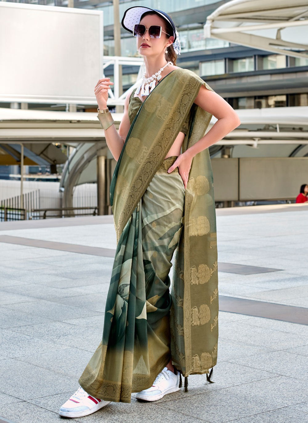 Contemporary Jacquard Work Green, Grey Handloom Silk S12666