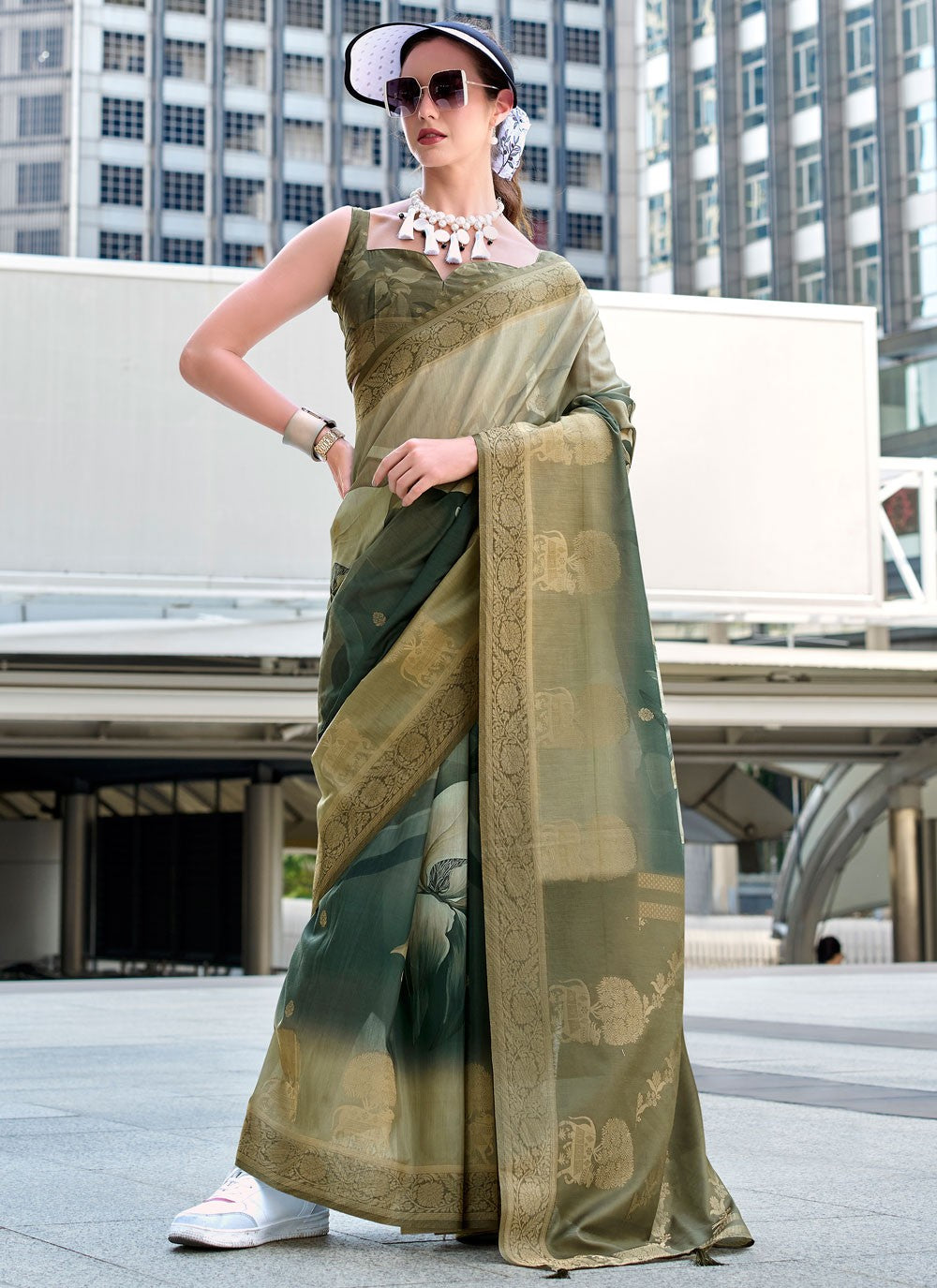 Contemporary Jacquard Work Green, Grey Handloom Silk Saree S12666