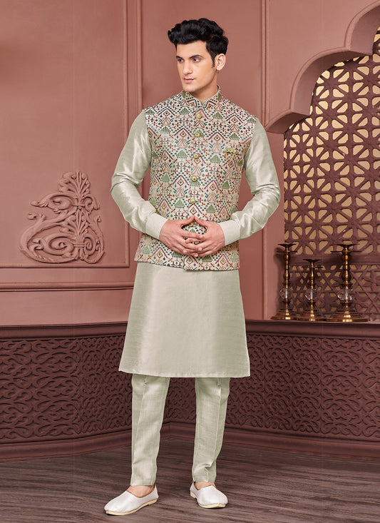 Embroidered Banarasi Silk Green, Multi Colour Kurta Payjama With Jacket - M6327