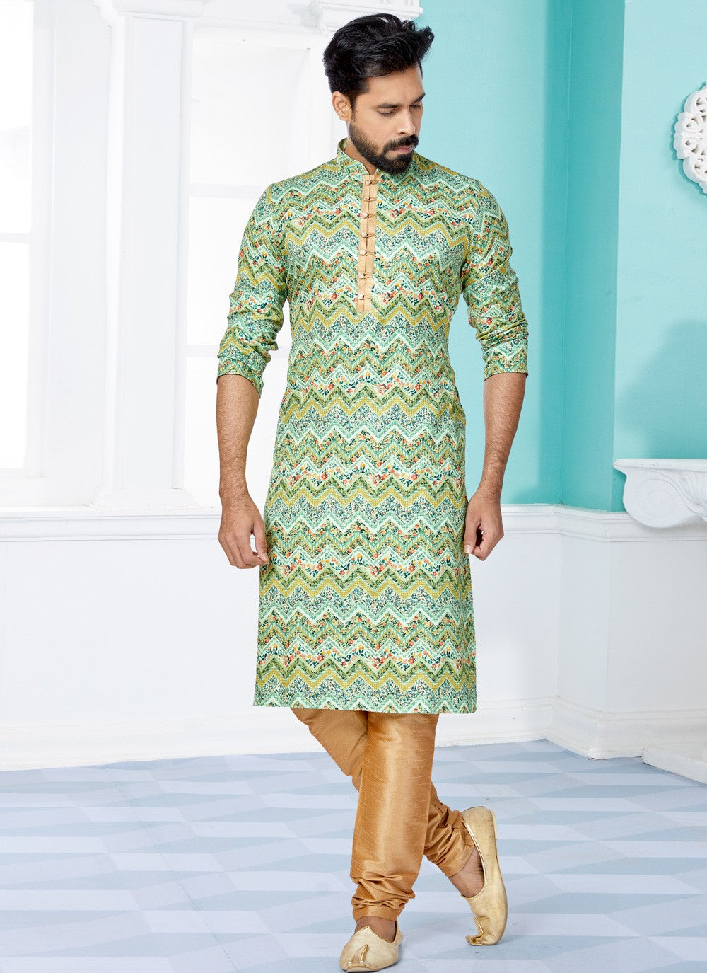 Digital Print Fancy Fabric Green, Multi Colour Kurta Pyjama - M5097