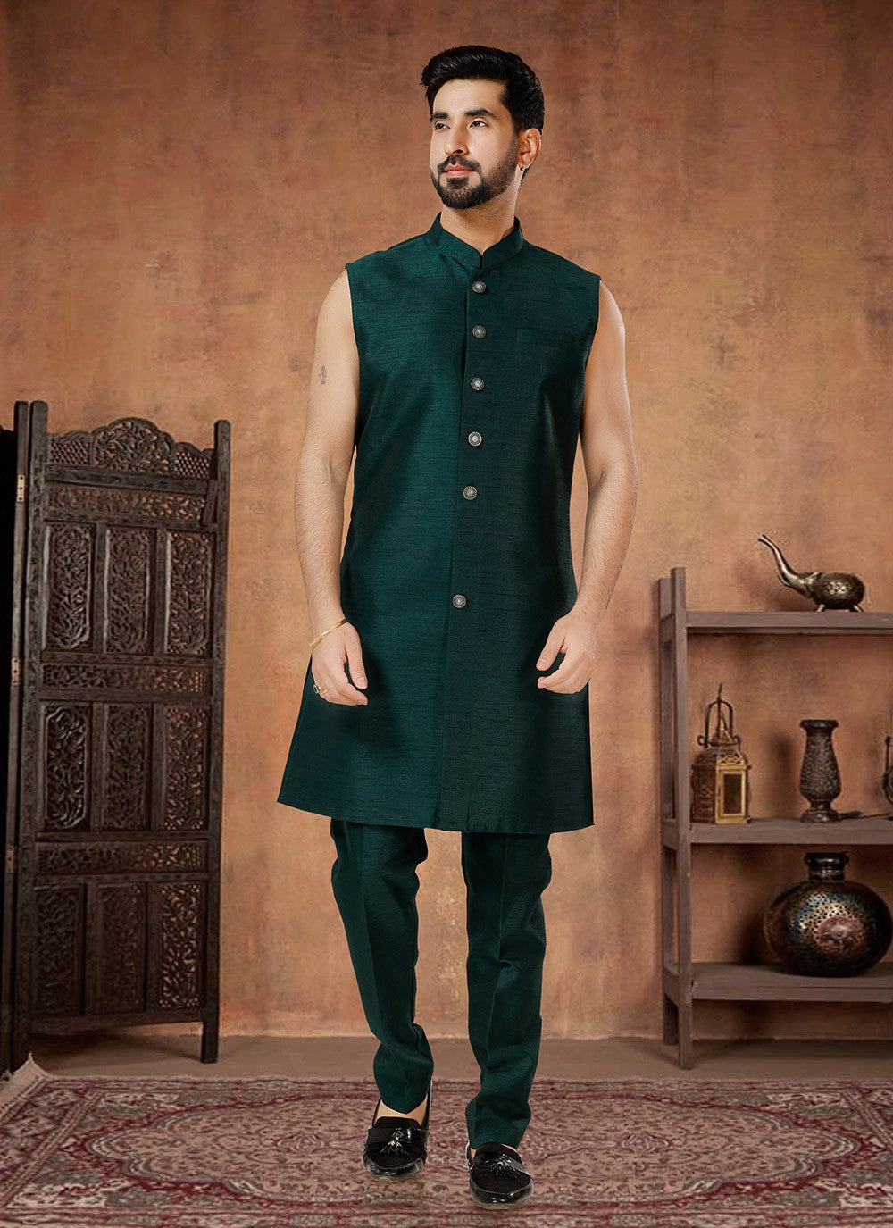 Embroidered Silk Green, Multi Colour Indo Western - M7037