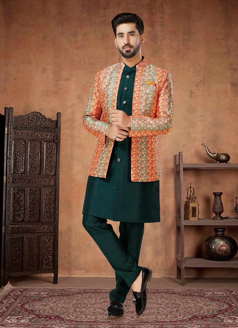 Embroidered Silk Green, Multi Colour Indo Western - M7037