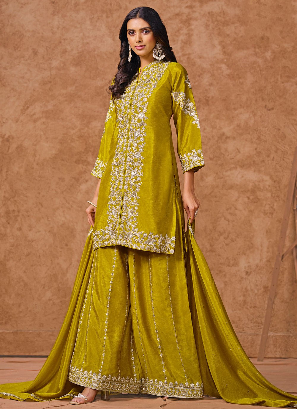Salwar Suit Embroidered Green, Mustard Chinon T5740