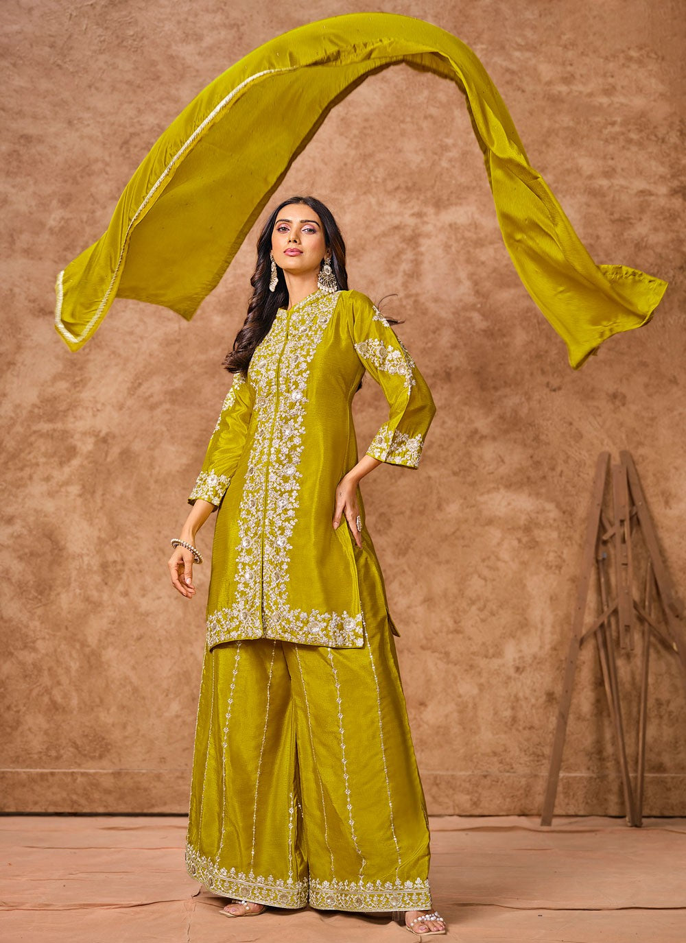 Salwar Suit Embroidered Green, Mustard Chinon T5740