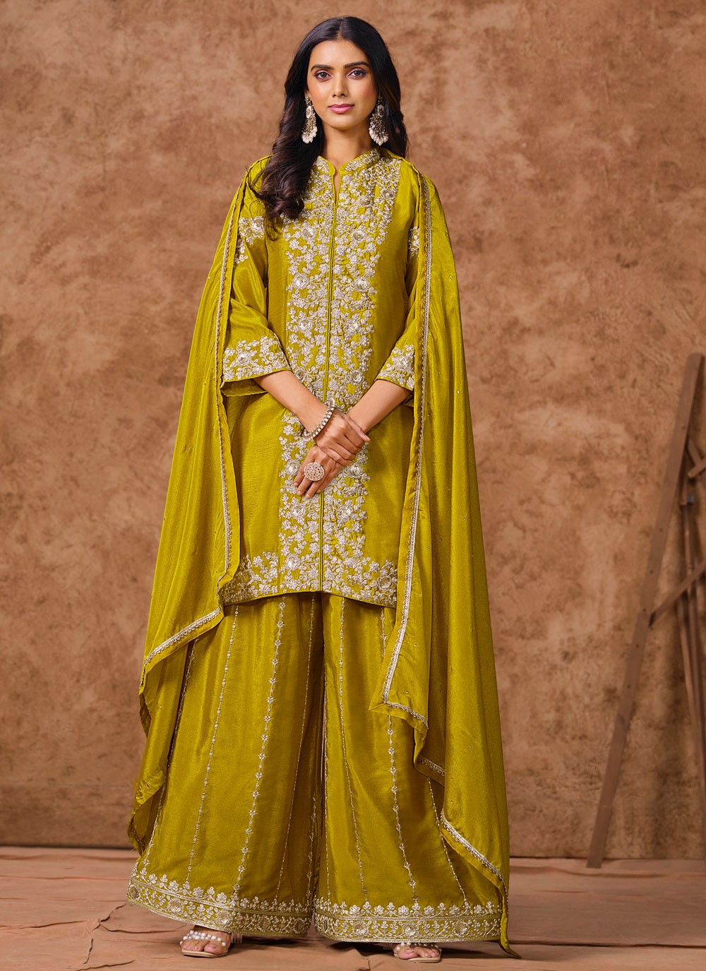 Salwar Suit Embroidered Green, Mustard Chinon T5740
