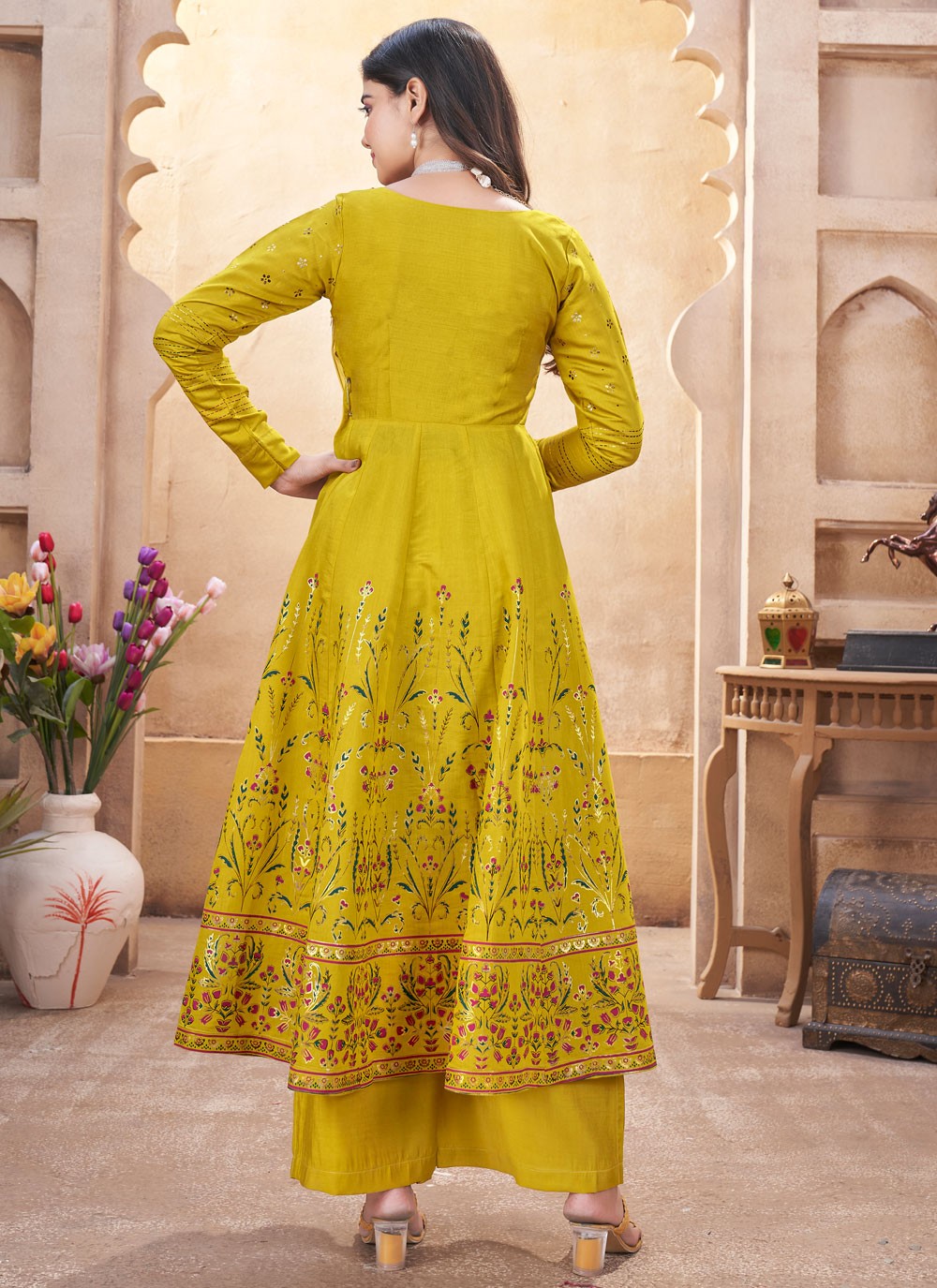 Salwar Suit Foliage Prints Green, Mustard Silk T5603