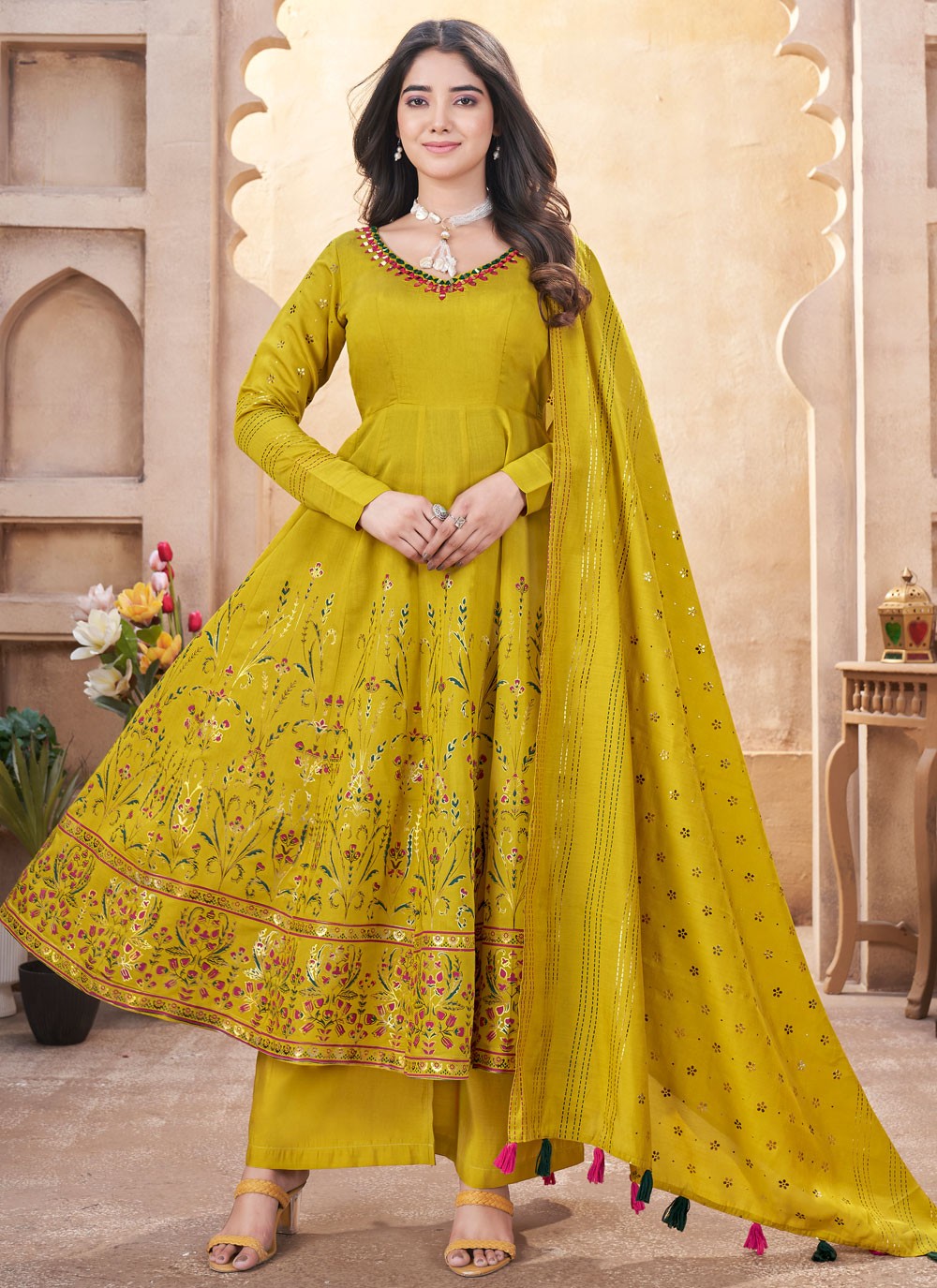 Salwar Suit Foliage Prints Green, Mustard Silk T5603
