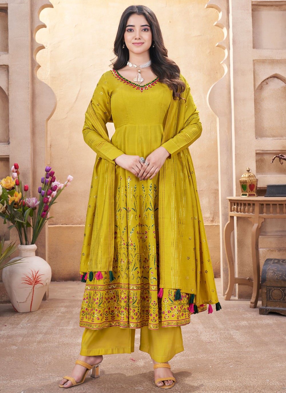 Salwar Suit Foliage Prints Green, Mustard Silk T5603