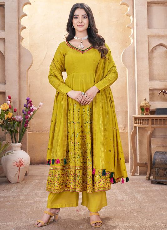 Salwar Suit Foliage Prints Green, Mustard Silk T5603