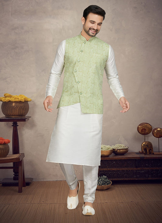 Digital Print Art Silk Green, Off White Kurta Payjama With Jacket - M5853