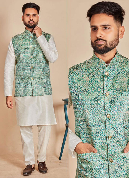 Plain Silk Green, Off White Kurta Payjama With Jacket - M6860