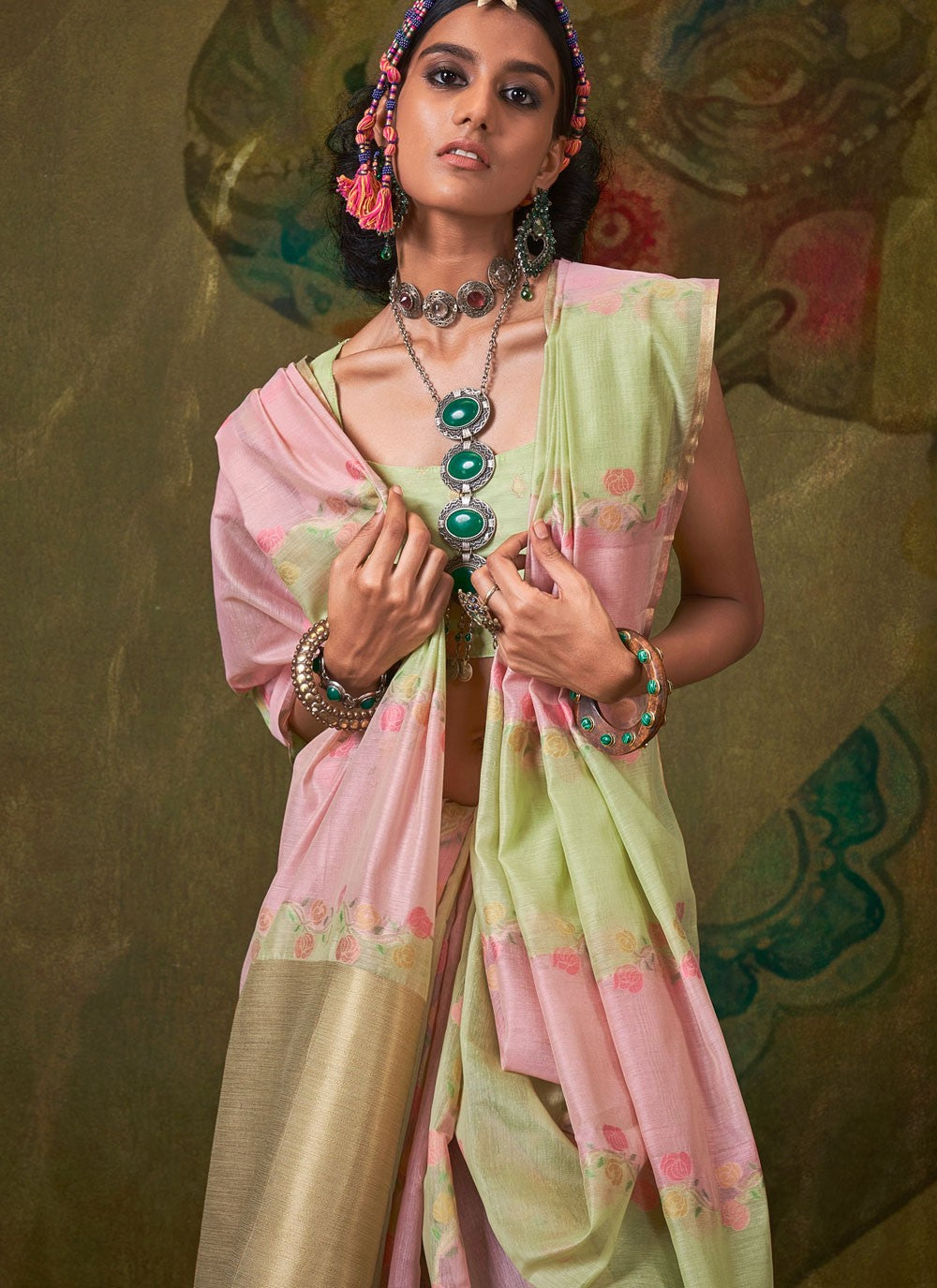 Classic Saree Weaving Zari Green, Pink Handloom Cotton Saree S13608