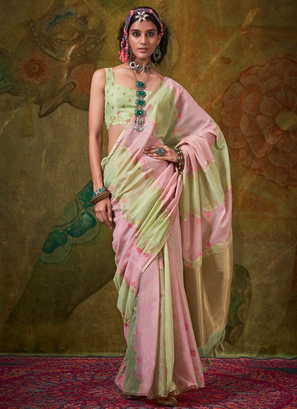 Classic Saree Weaving Zari Green, Pink Handloom Cotton Saree S13608