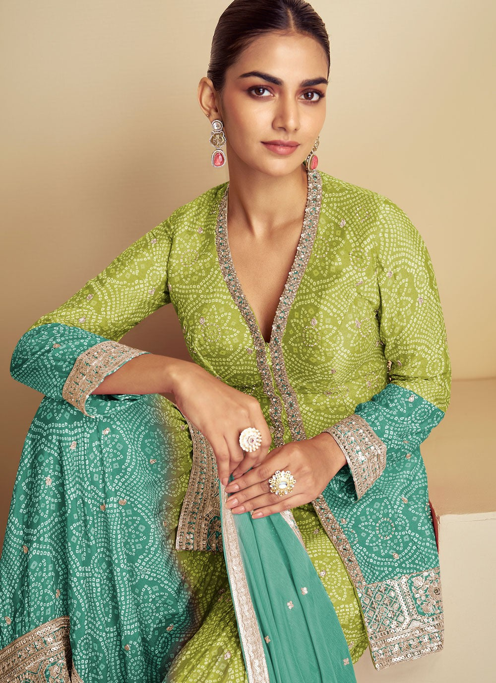 Sharara Suit Digital Print, Embroidered Green T8836