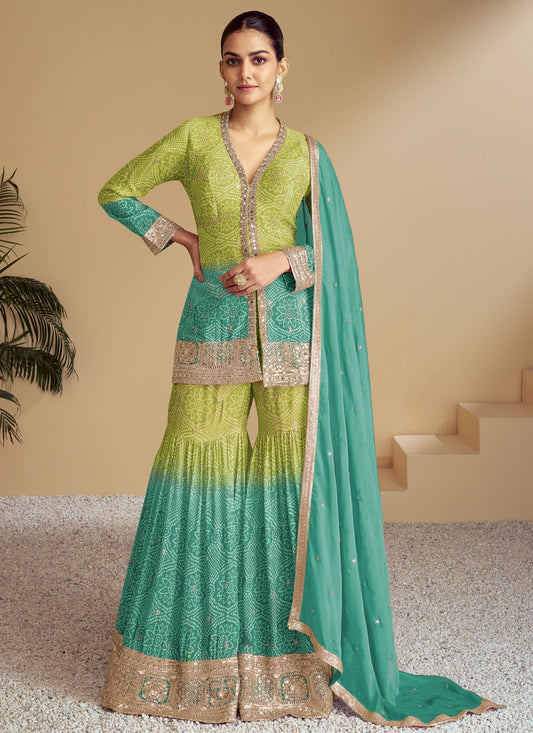 Sharara Suit Digital Print, Embroidered Green T8836