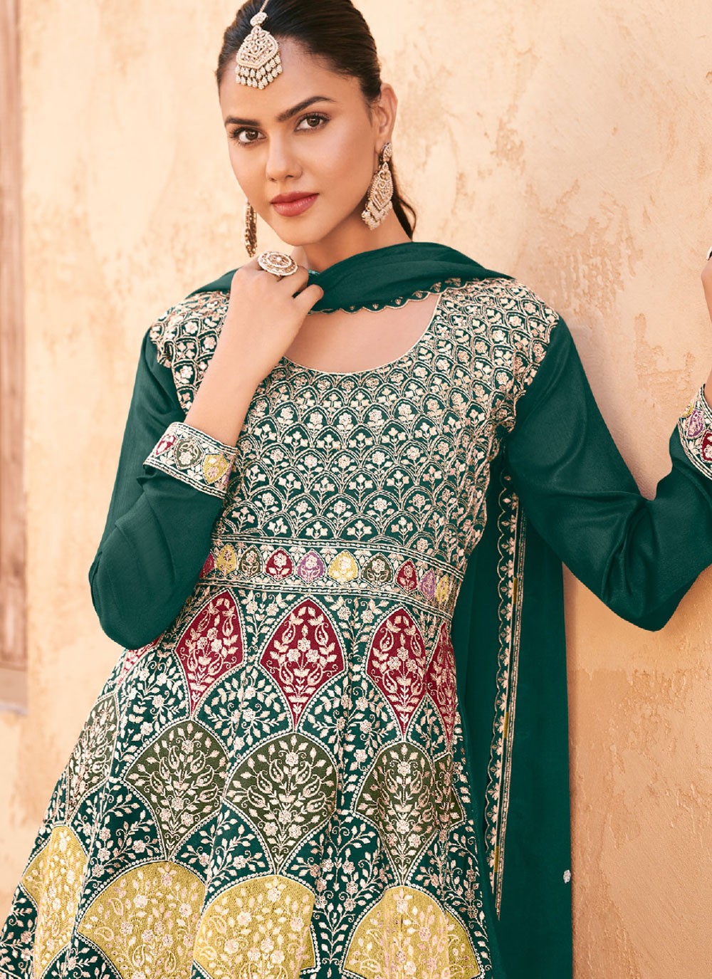 Embroidered Chinon Green Palazzo Suit T6213