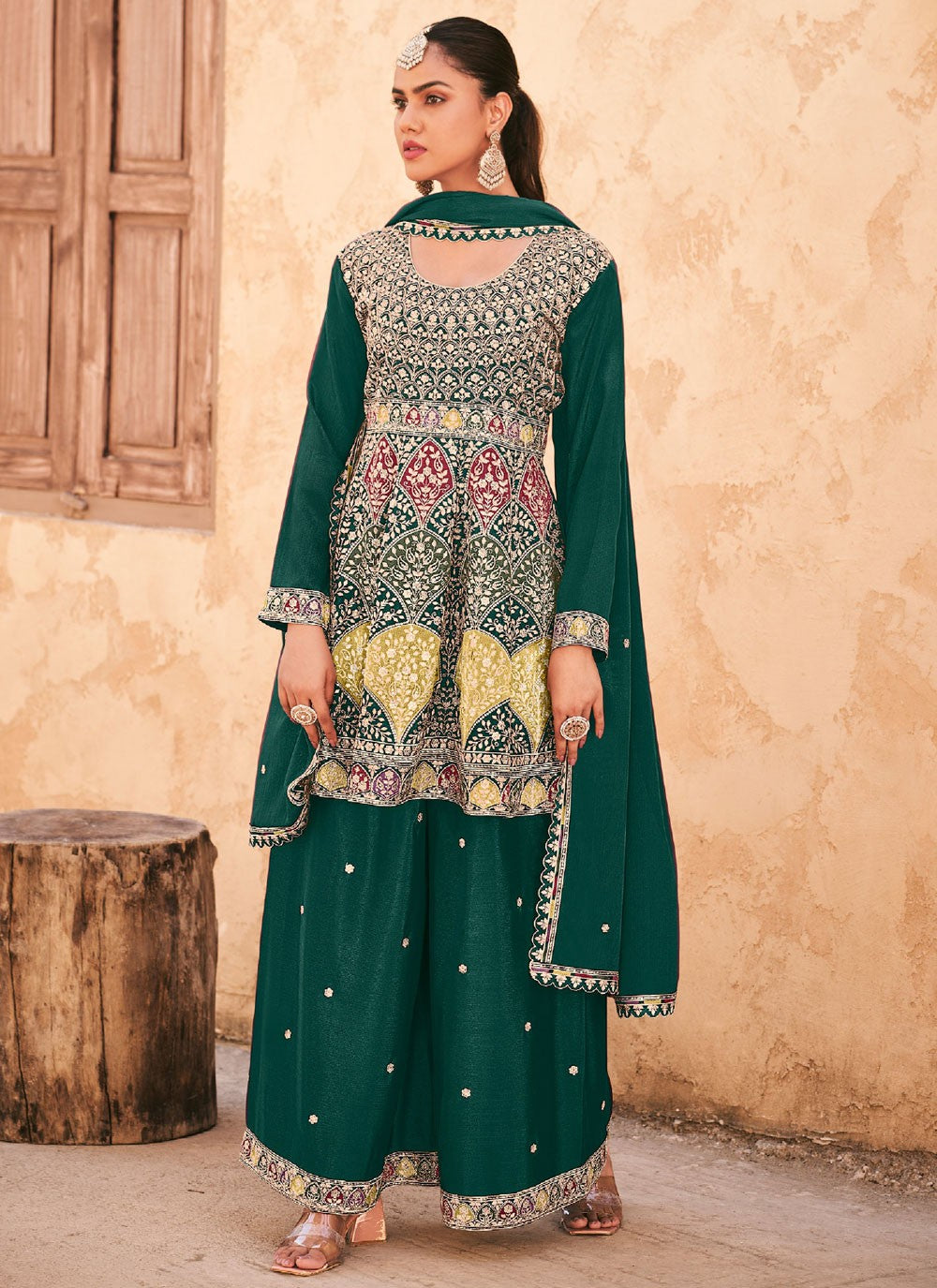 Embroidered Chinon Green Palazzo Suit T6213