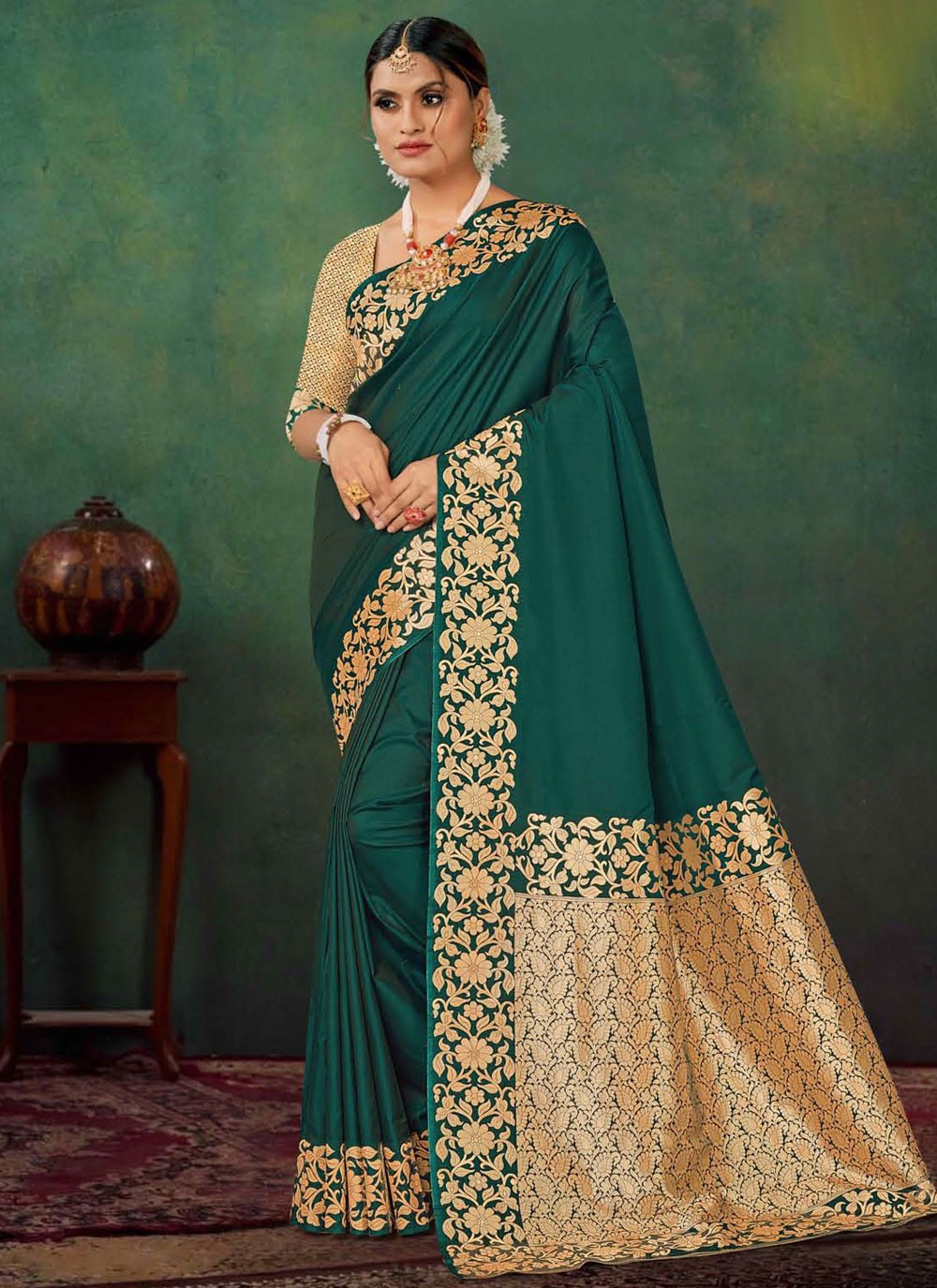 Designer Jacquard Work Green, Teal Silk S12888