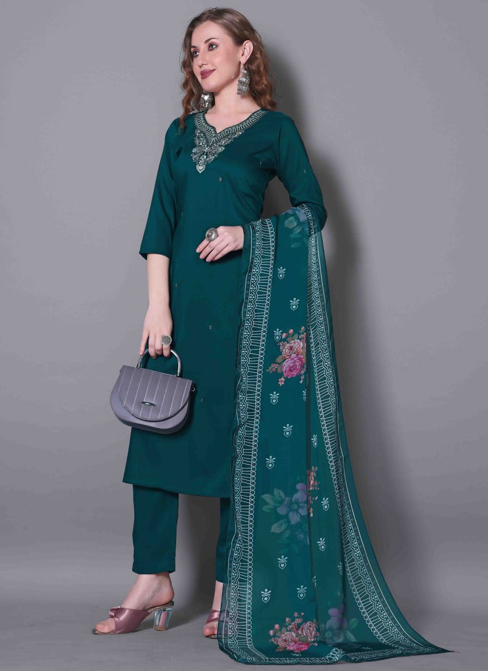 Salwar Suit Embroidered Green, Teal Silk T5885