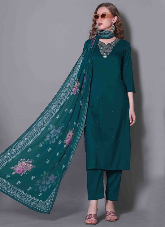 Salwar Suit Embroidered Green, Teal Silk T5885