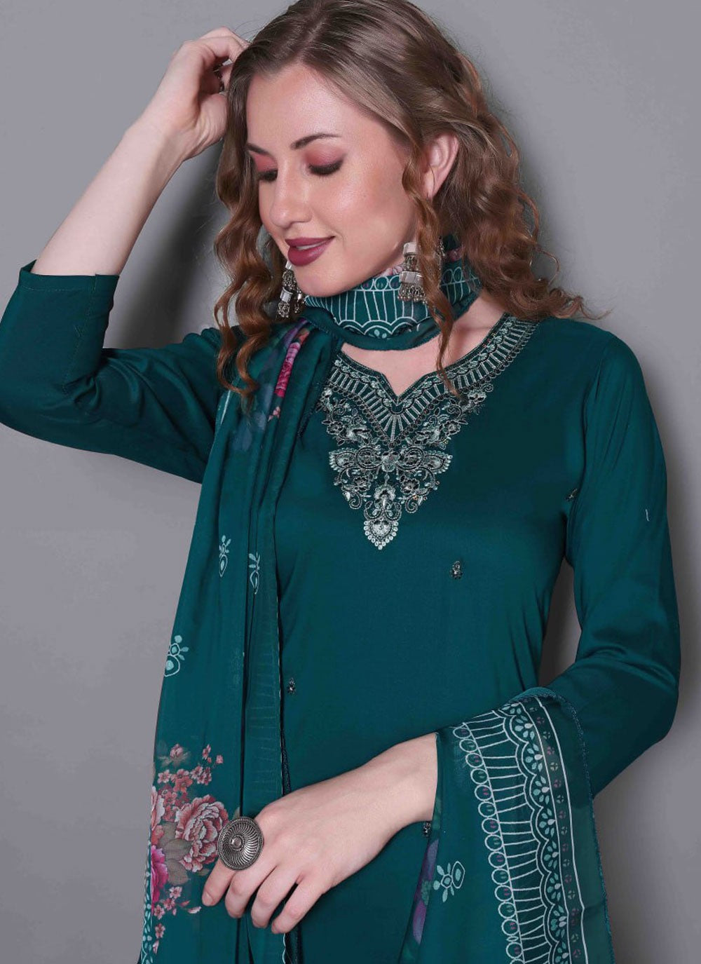 Salwar Suit Embroidered Green, Teal Silk T5885