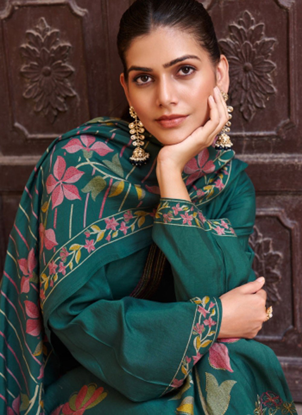 Pant Style Suit Embroidered Green, Teal Muslin T5184