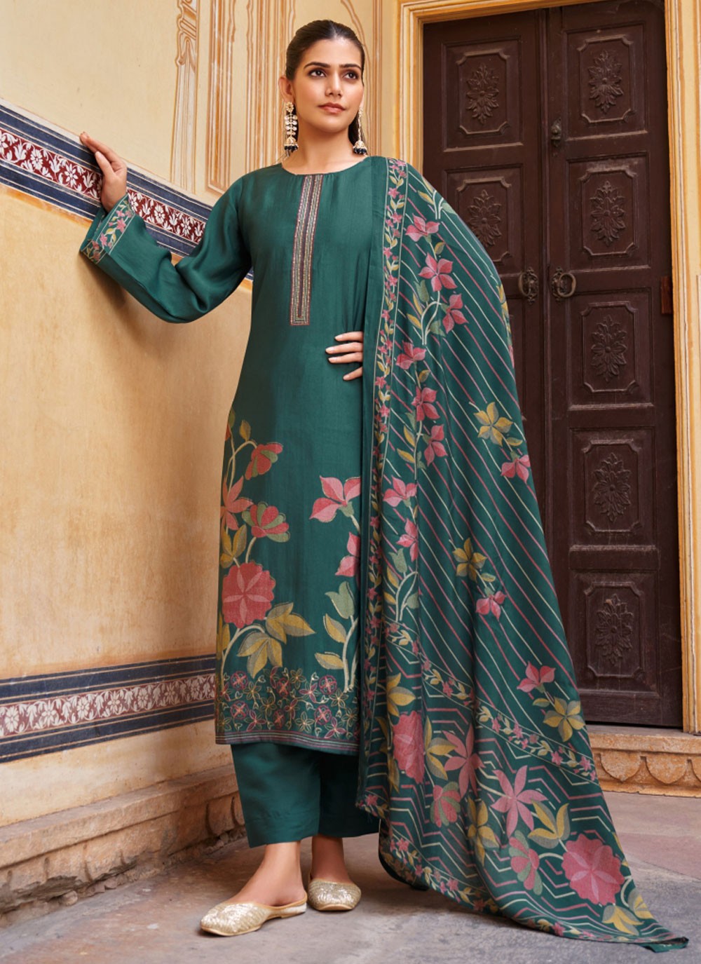 Pant Style Suit Embroidered Green, Teal Muslin T5184