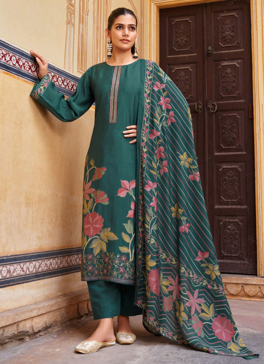 Pant Style Suit Embroidered Green, Teal Muslin T5184