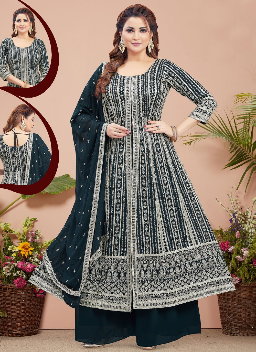 Palazzo Suit Embroidered Green T6629