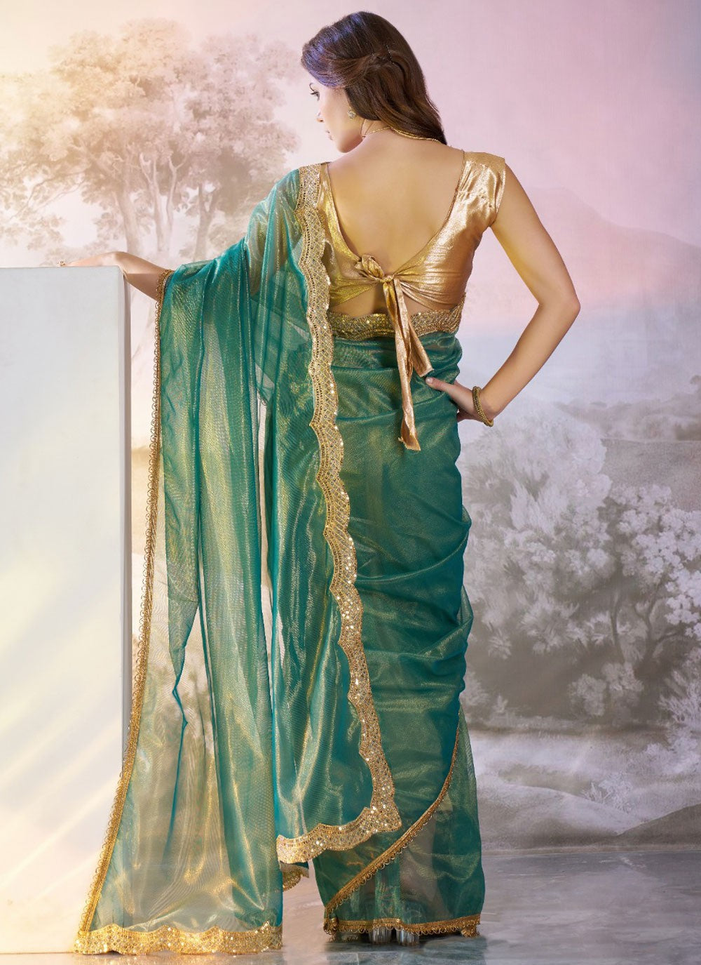 Contemporary Border Work Green, Teal Net Saree S13518