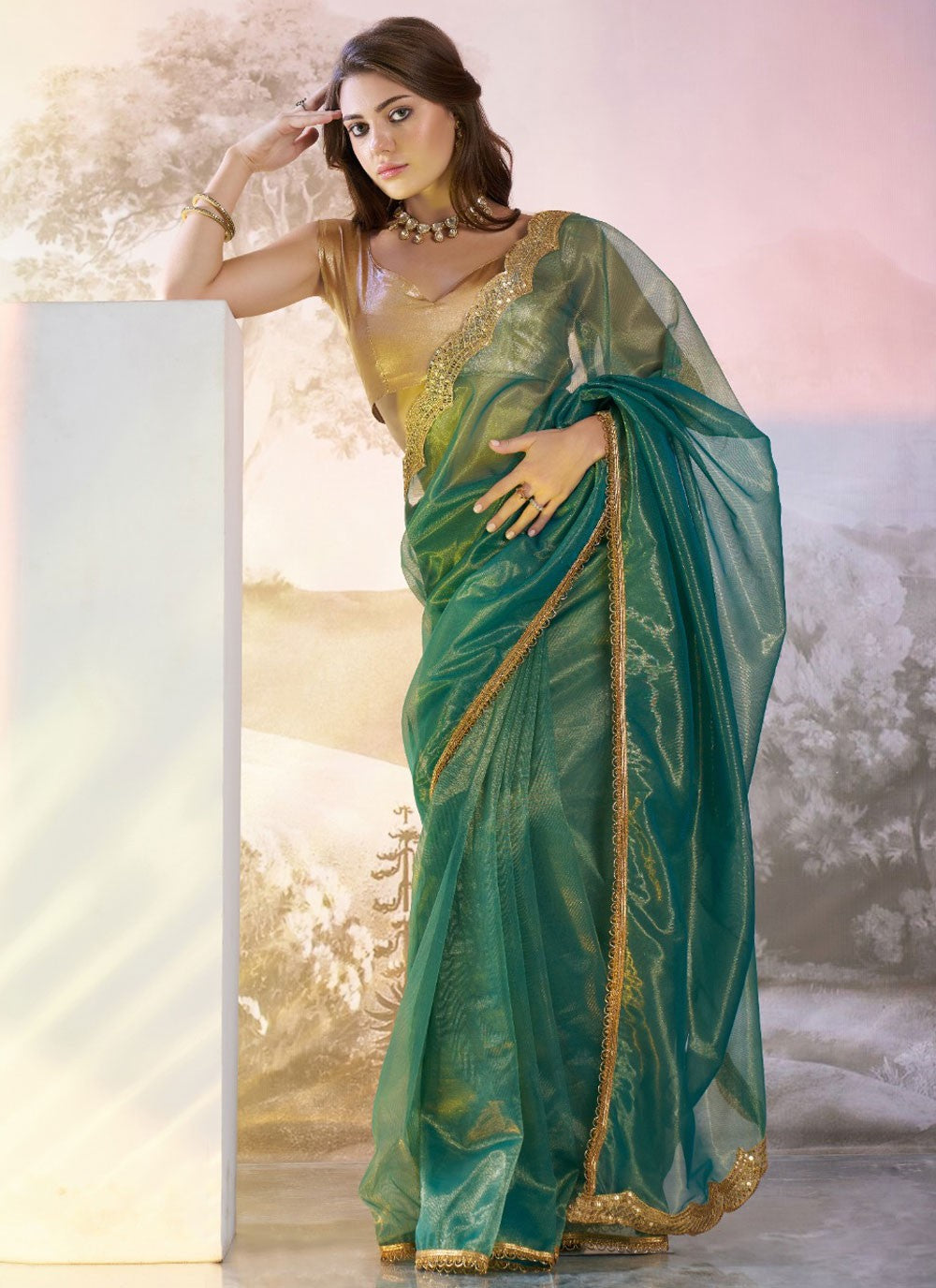 Contemporary Border Work Green, Teal Net Saree S13518